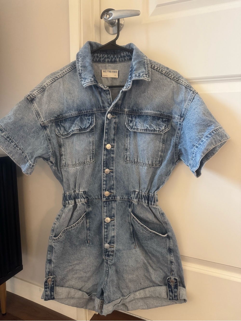 We The Free Light Blue Denim Short Sleeve Romper
